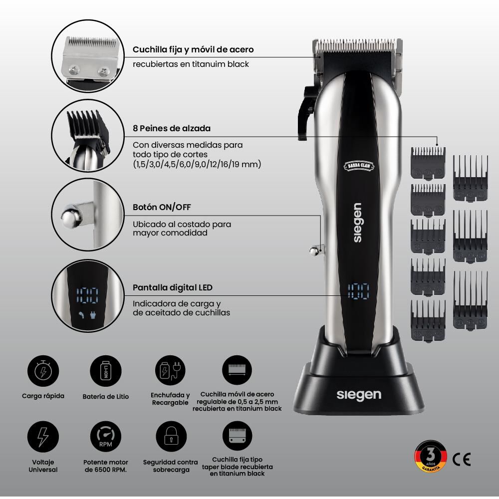 Corta Pelo Siegen SG-8620, Carga Rápida + 8 peines de alzada image number 7.0