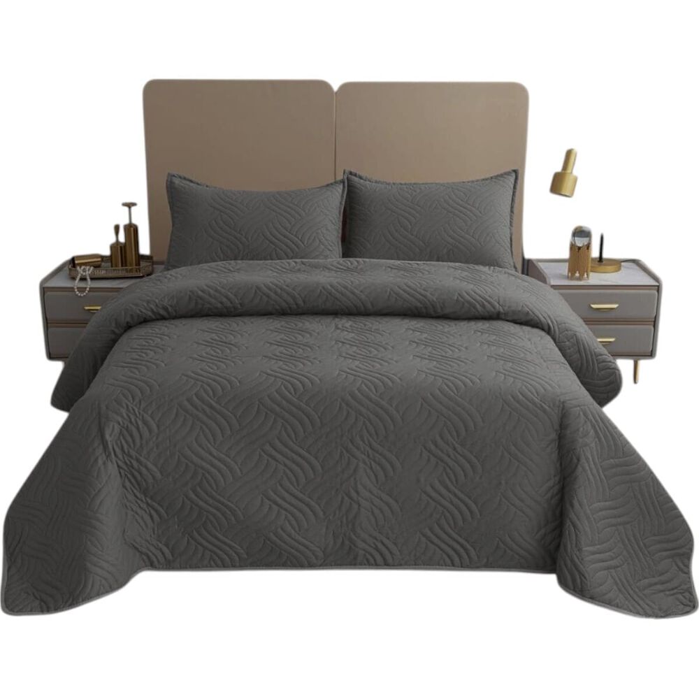 Cubrecama De Verano King Quilt + 2 Fundas De Almohada Cobertor Delgado Gris Oscuro image number 0.0