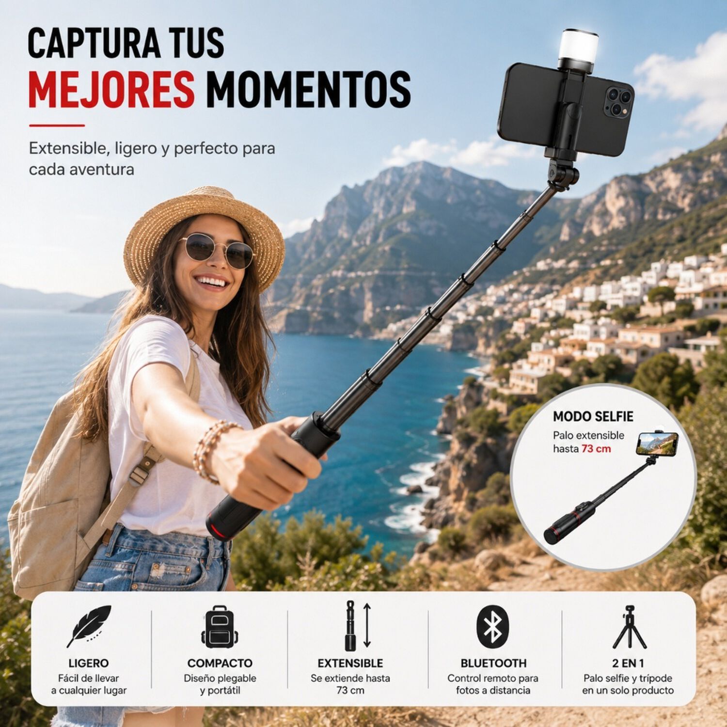 Palo Selfie Tr&iacute;pode Bluetooth Control Remoto Luz Led image number 6.0