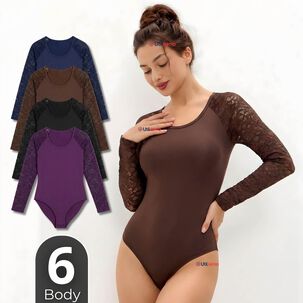 Pack 6 Bodys Cuello Redondo Manga Larga Con Encaje Bamb&uacute; Mujer Colores Surtidos