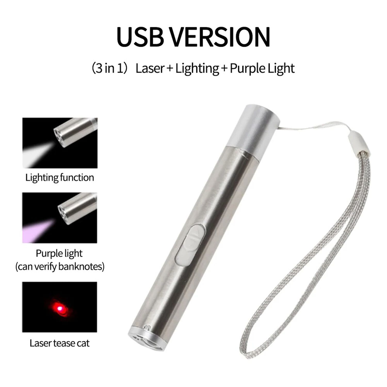 Linterna Tipo Lapiz Led 3 En 1 Aluminio Led Luz Uv Ultravioleta Laser Recargable image number 4.0