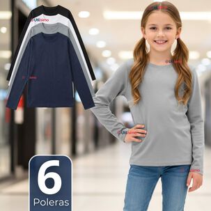 Pack 6 Poleras Camisetas Polar Primera Capa Cuello Redondo Manga Larga Colores Surtido Ni&ntilde;a