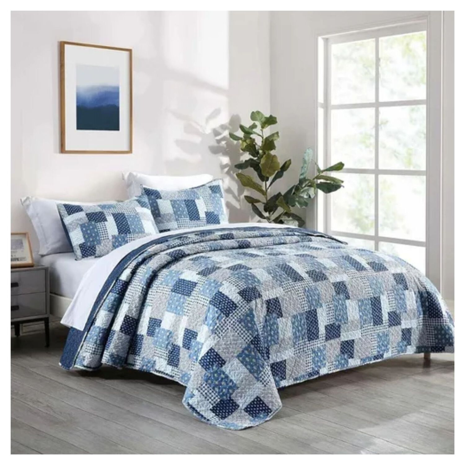 Cubrecama Quilt Reversible Queen 228x228 Cm M&aacute;s Fundas Almohada Azul Blanco image number 2.0