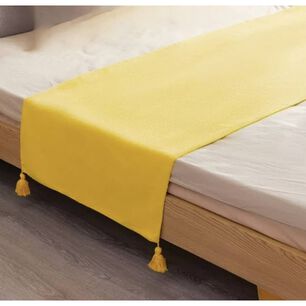 Piecera De Lino Con Pompones Medida 70x210cm King -2 Plazas. Amarillo