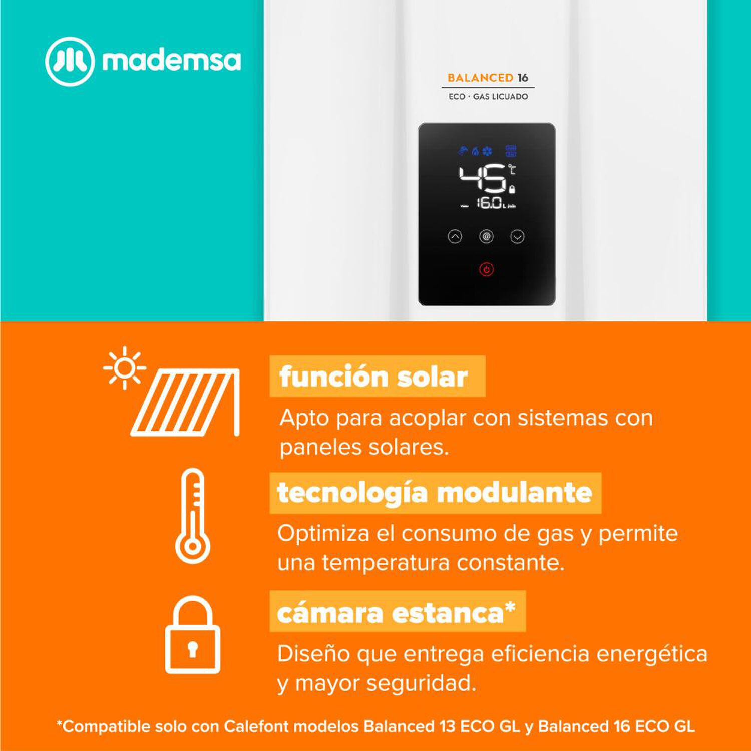 Calefont Mademsa Balanced 16 ECO GL / Tiro Balanceado / Gas Licuado  / 16 Litros image number 7.0
