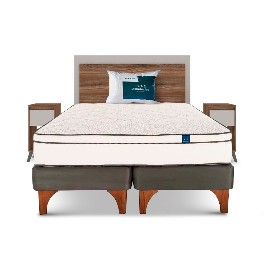 Cama Europea Flex Valencia / 2 Plazas / Base Dividida + Set De Madera Milán + Pack de Almohadas Casaideal 50x70 Cm image number 0.0