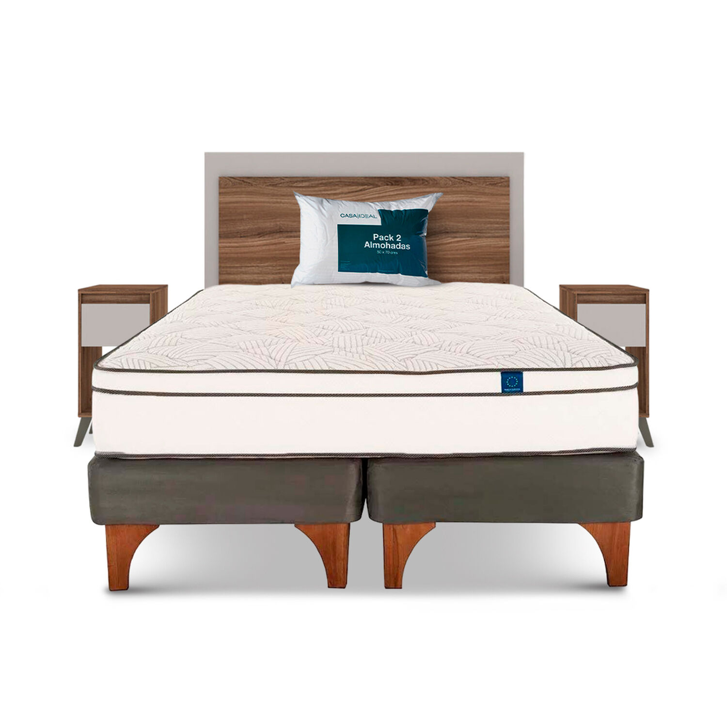 Cama Europea Flex Valencia / 2 Plazas / Base Dividida + Set De Madera Mil&aacute;n + Pack de Almohadas Casaideal 50x70 Cm image number 0.0