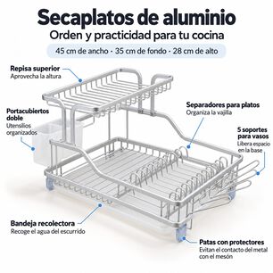 Elegante Secaplatos De Aluminio Antioxidante 2 Niveles Color Aluminio