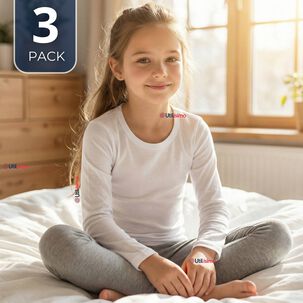 Pack 3 Camisetas Algod&oacute;n Manga Larga Polera Primera Capa Blanco Ni&ntilde;a