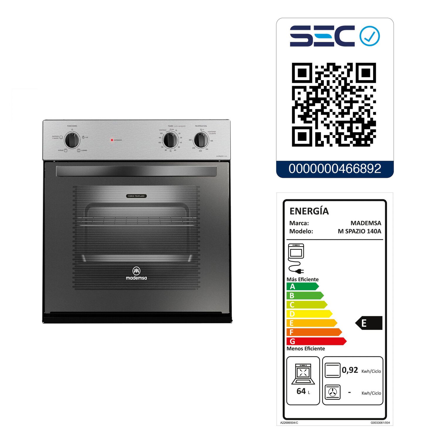 Horno Empotrable El&eacute;ctrico 66l Timer M Spazio 140a Negro image number 9.0
