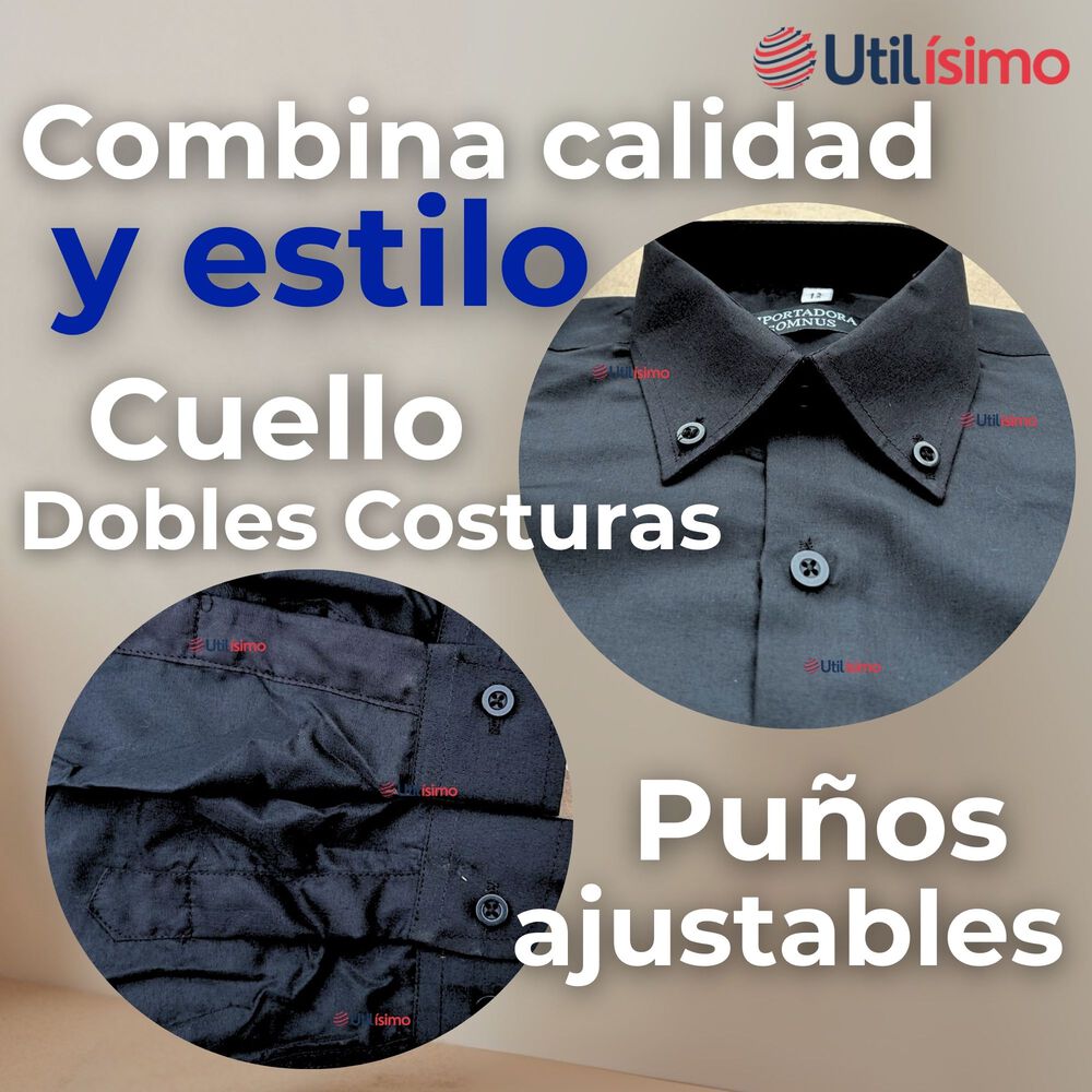 Camisa Casual De Vestir Manga Larga Cuello Americano Algodón Negro image number 3.0