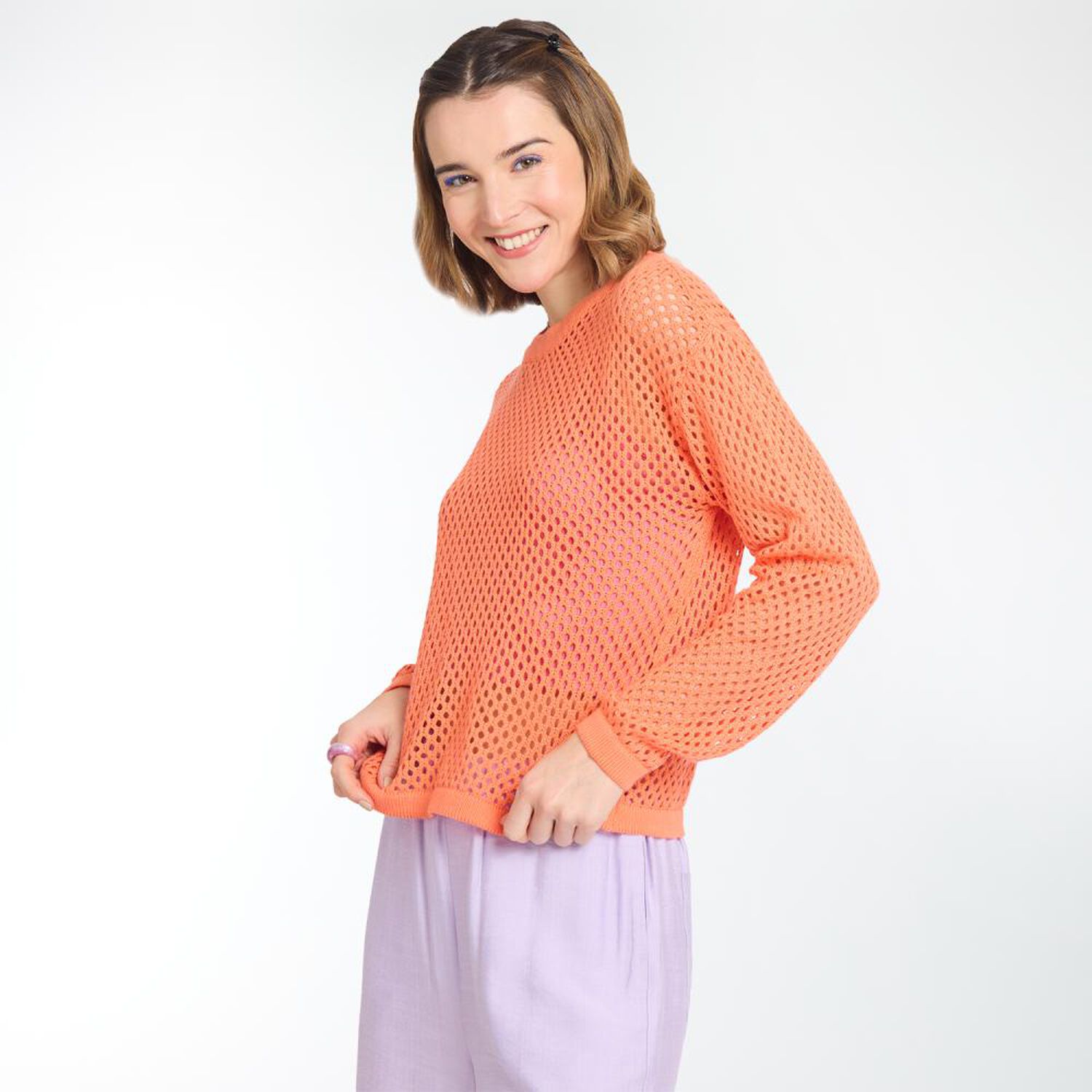 Sweater Crop Malla Manga Larga Cuello Redondo Mujer Freedom image number 2.0
