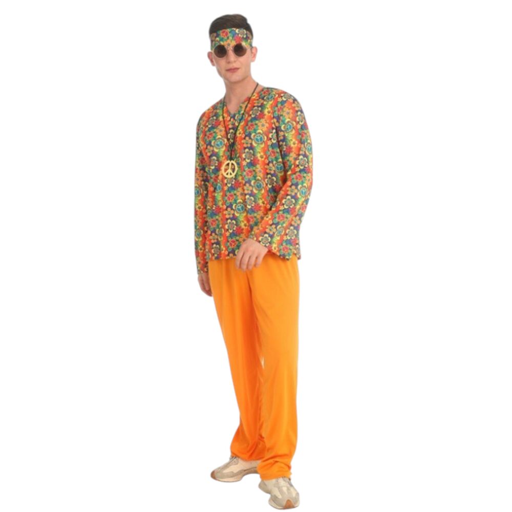 Disfraz Hippie Hombre Con Pantal&oacute;n Naranja Y Camisa Floreada Set Completo Para Fiestas Tem&aacute;ticas Y Disfraces Halloween image number 1.0
