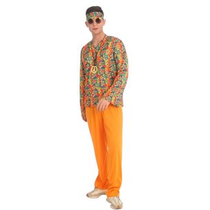 Disfraz Hippie Hombre Pantalon Naranja Camisa Floreada