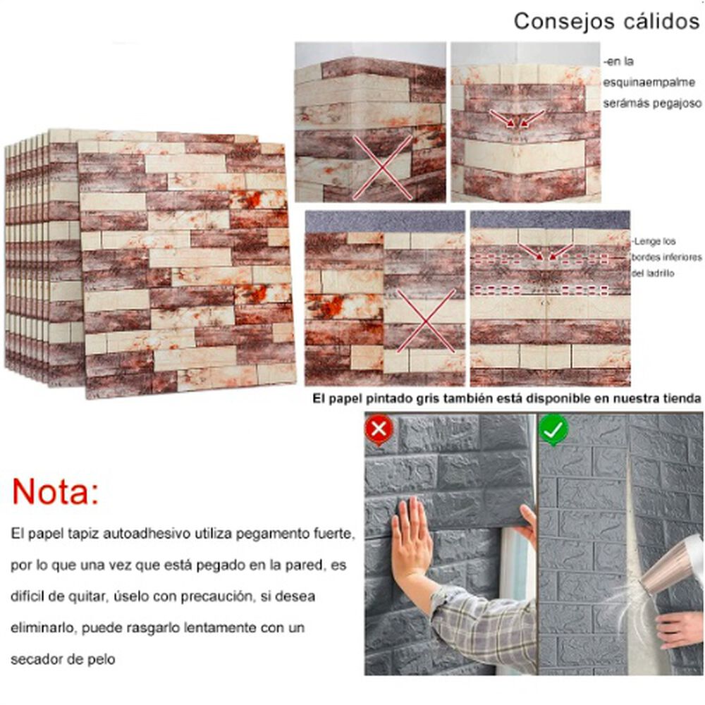 Pack 10 Lamina Papel Mural Autoadhesivo 3d Ladrillo Marmolado image number 4.0