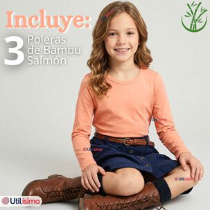 Pack 3 Camisetas Poleras Bamb&uacute; Cuello Redondo Salm&oacute;n Primera Capa Manga Larga Ni&ntilde;a