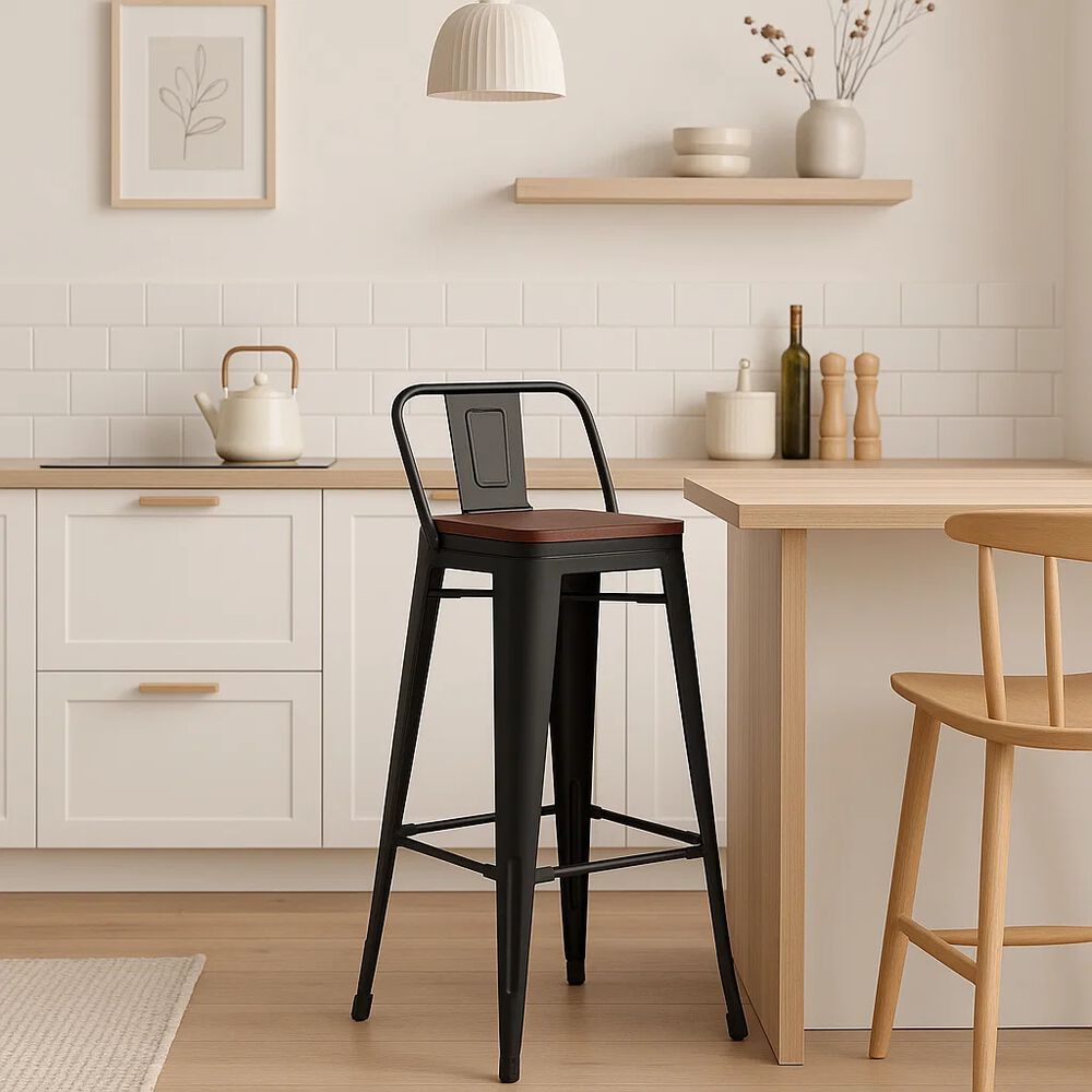 Taburete Tolix Negro Alto Con Respaldo Para Bar O Terraza - Asiento De Madera Oscura Walnut image number 2.0