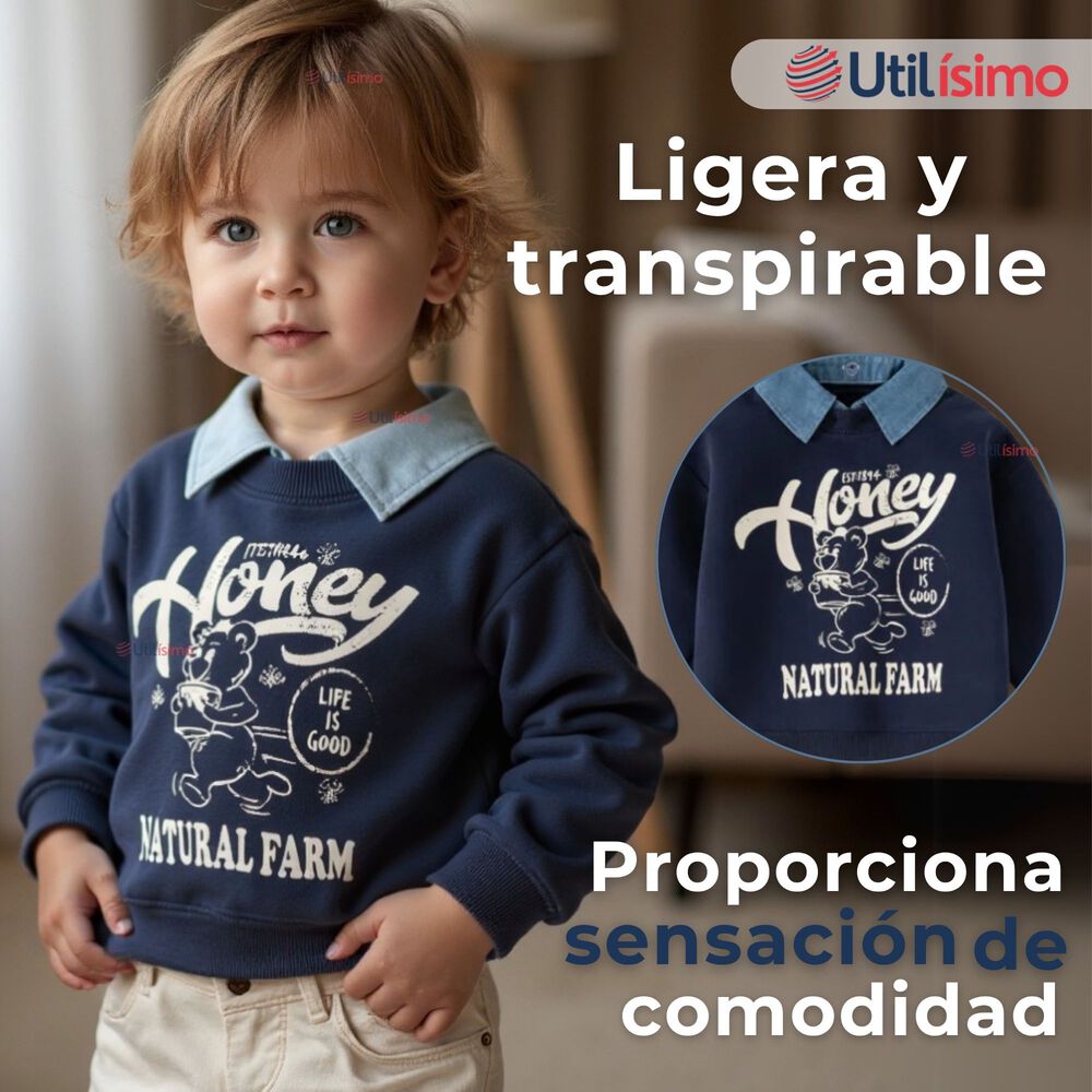 Poler&oacute;n Estilo Pique Manga Larga Ni&ntilde;o 100% Algod&oacute;n Azul image number 5.0