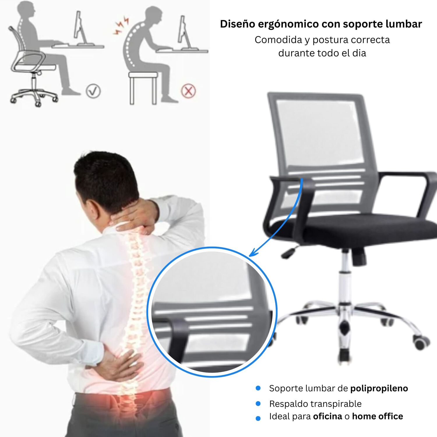 Silla De Oficina Ergon&oacute;mica Santiago Con Altura Ajustable Y Soporte Lumbar image number 4.0