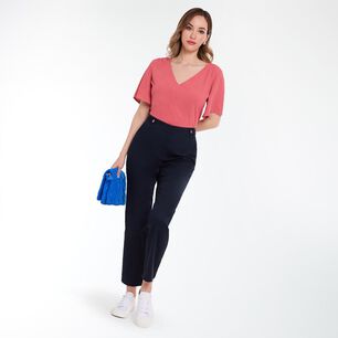 Blusa Lisa Manga Corta Con Aplicaci&oacute;n Recogido En Hombros Cuello V Mujer Lesage