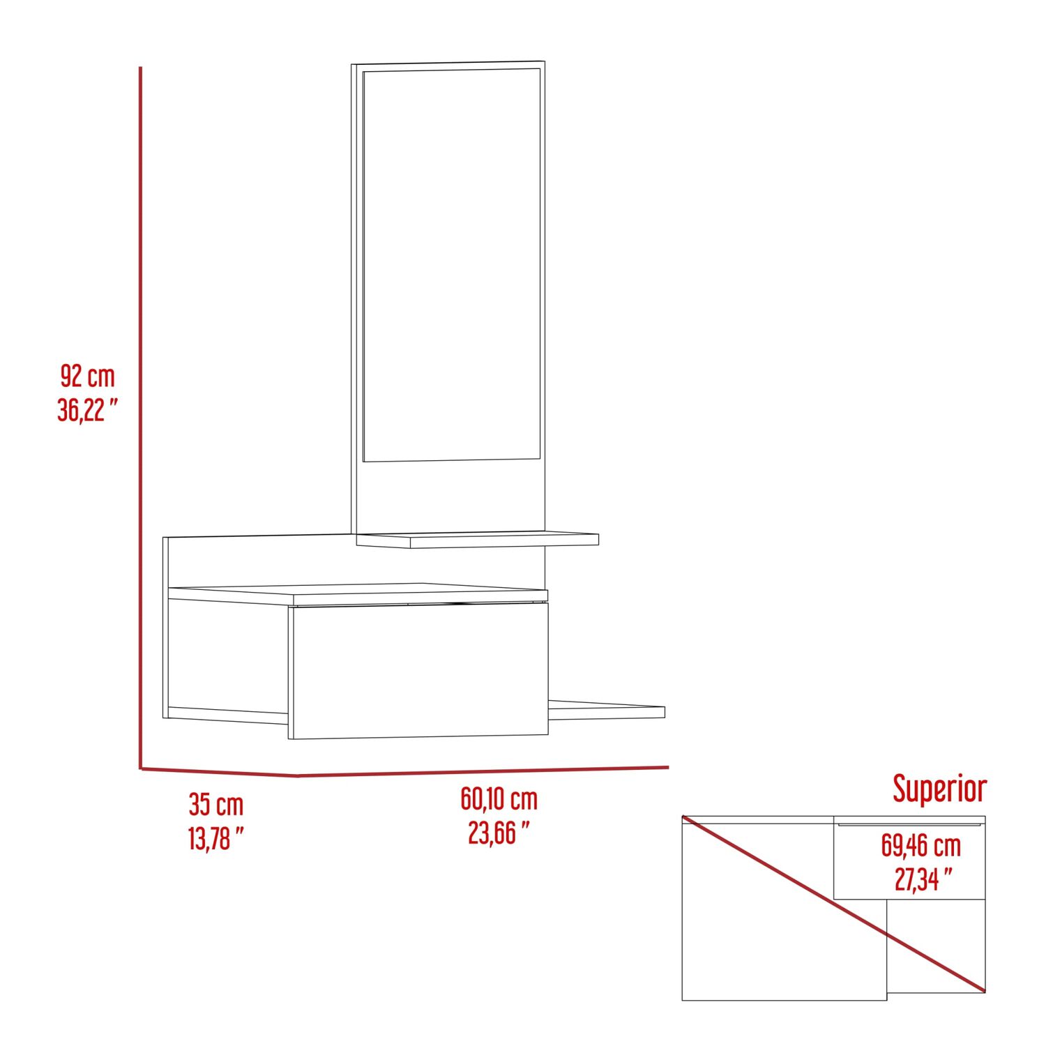 Mueble Recibidor Pared Con Espejo 1 Cajon Fm-002c - Caf&eacute; Claro image number 6.0