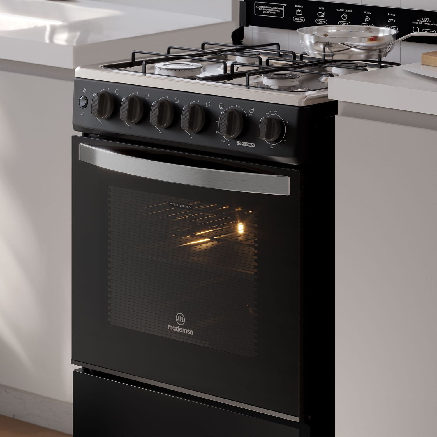 Cocina A Gas 4 Platos Horno Vapor Y Temporizador Fm4tpc Negra image number 11.0