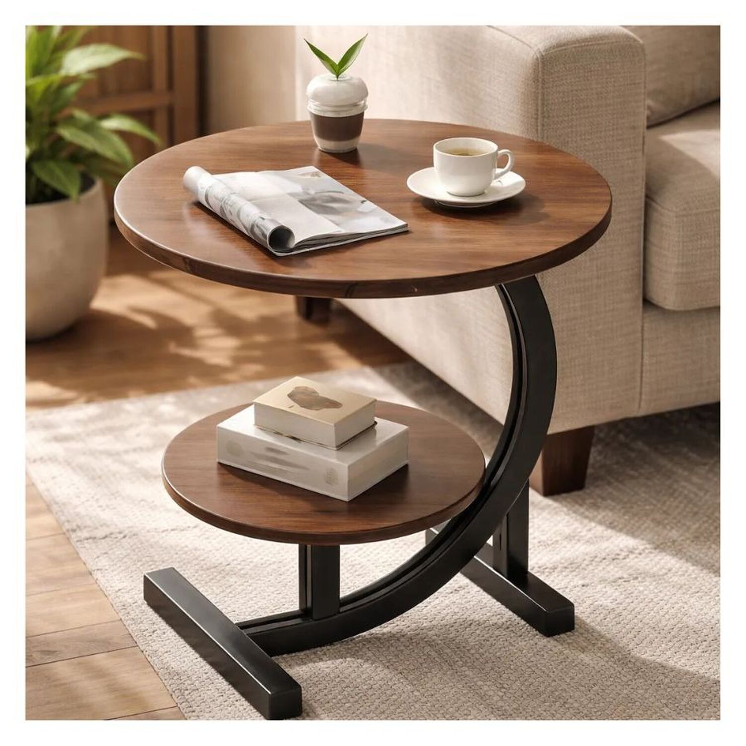 Mesa Auxiliar En Forma De C Redonda De 2 Niveles Living image number 3.0