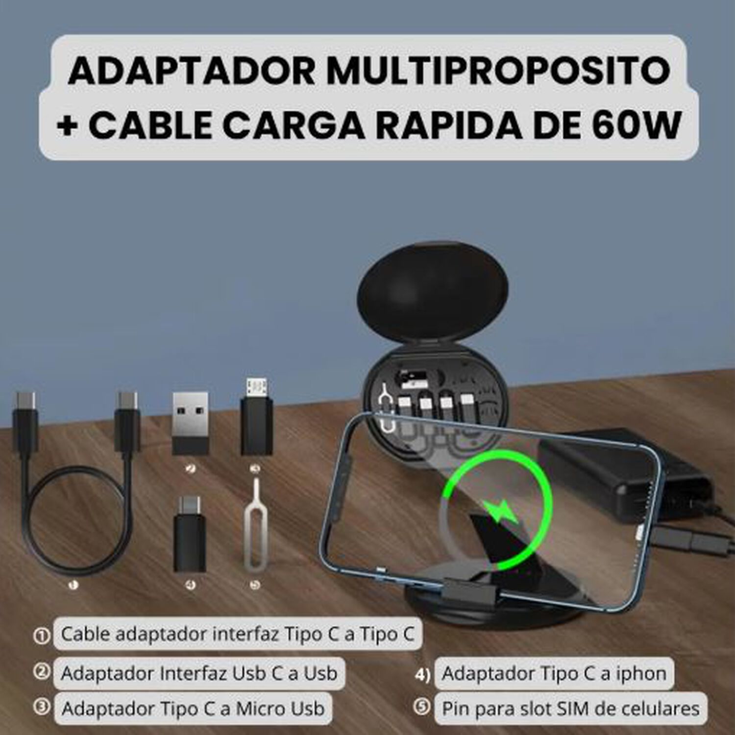 Set De Adaptador Para Celular Datos Cable Y Carga 60w Usb Tipo C Micro Usb Ip Y Otros image number 5.0