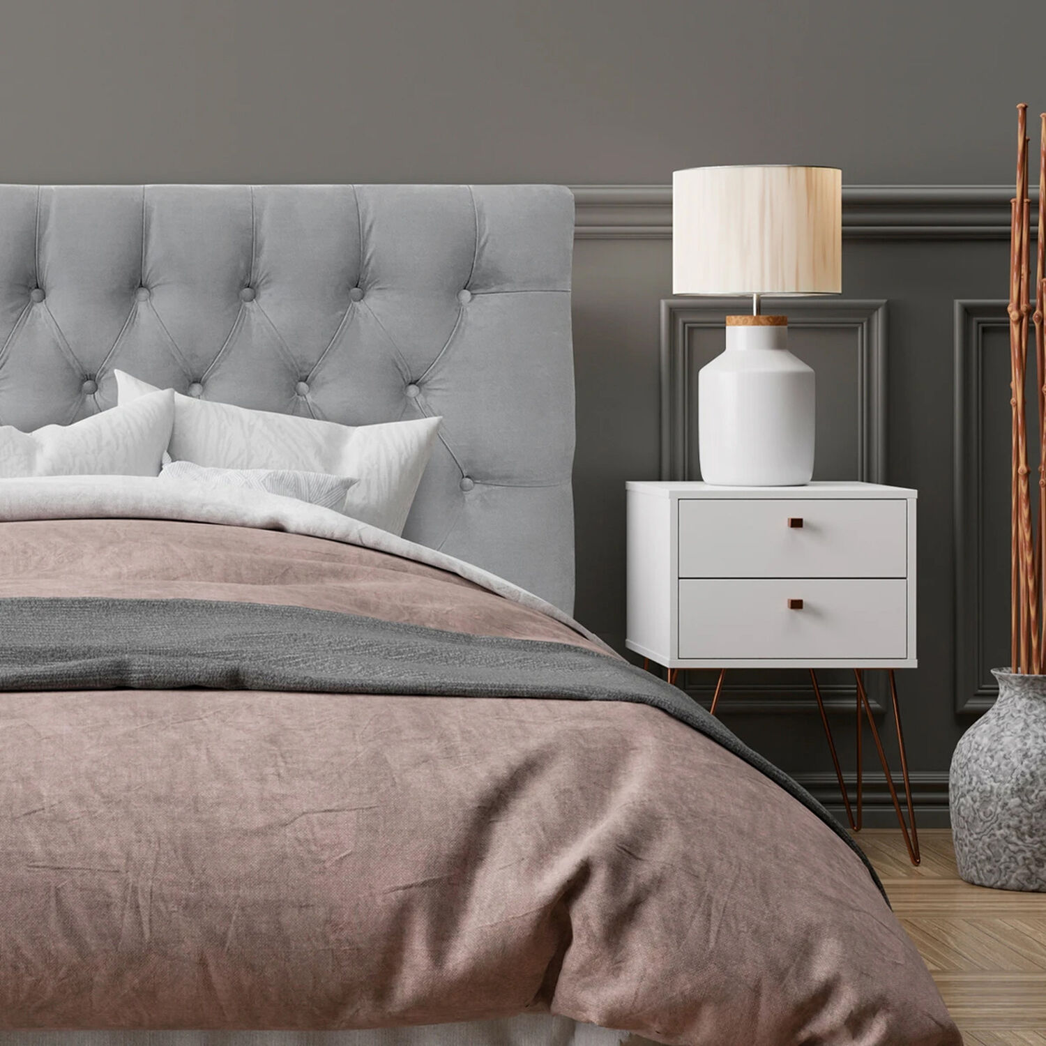Respaldo De Cama Capiton&eacute; Premium Felpa Gris Plata King image number 2.0