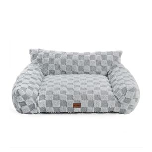 Cama Sof&aacute; Para Perros Y Gatos Dise&ntilde;o Cuadros Gris Lavable Talla L