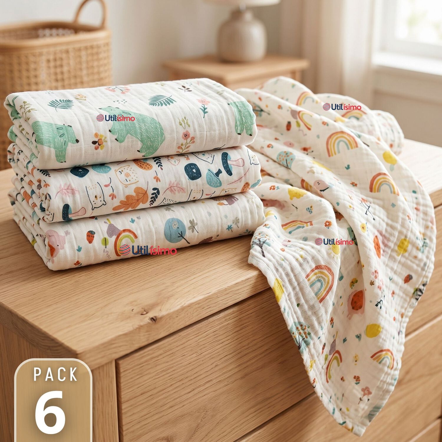 Pack 6 Mantas Muselina 70x 70 Cm Beb&eacute; Ni&ntilde;o Multiuso 100% Algod&oacute;n Colores Surtidos image number 0.0