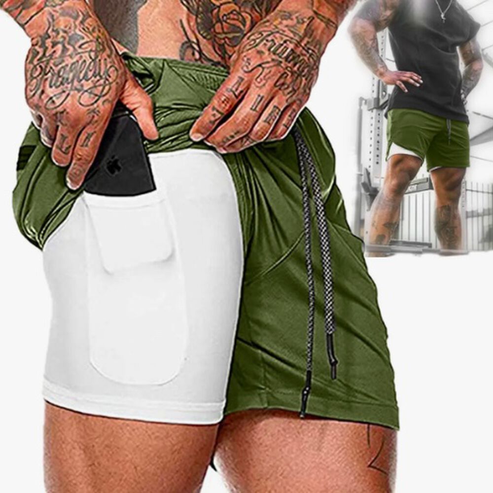 Short Gimnasio Con Licra Deportiva 2 En 1 Hombre Correr Verde L image number 2.0