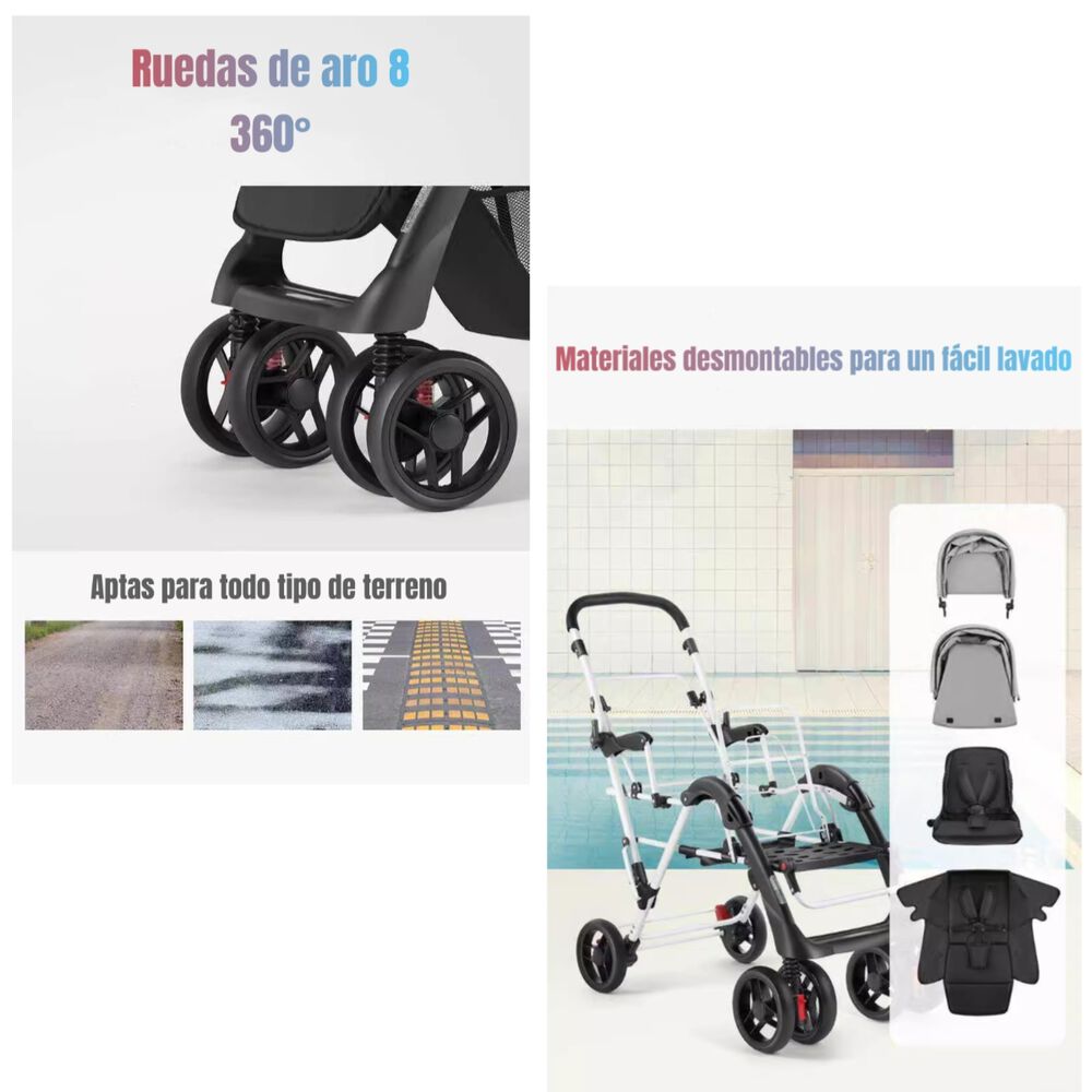 Coche Doble Duo Reclinable Plegable Gris By Lubabycas image number 4.0
