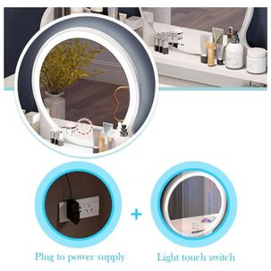 Mesa De Noche Maquillador Escritorio 2 Cajones Espejo Led Y Banco