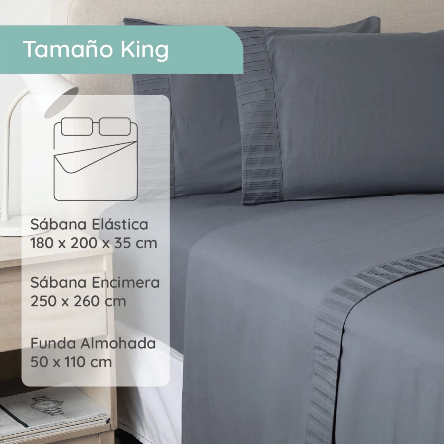 Sabanas Colch&oacute;n King Microfibra 300 Hilos Gris Oscuro image number 4.0