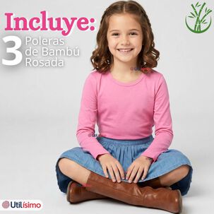 Pack 3 Camisetas Poleras Bamb&uacute; Cuello Redondo Rosado Oscuro Primera Capa Manga Larga Ni&ntilde;a
