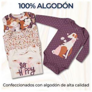 Pack 4 Bodys Ni&ntilde;a Manga Larga Tedmimak 100% Algod&oacute;n Dog Canela