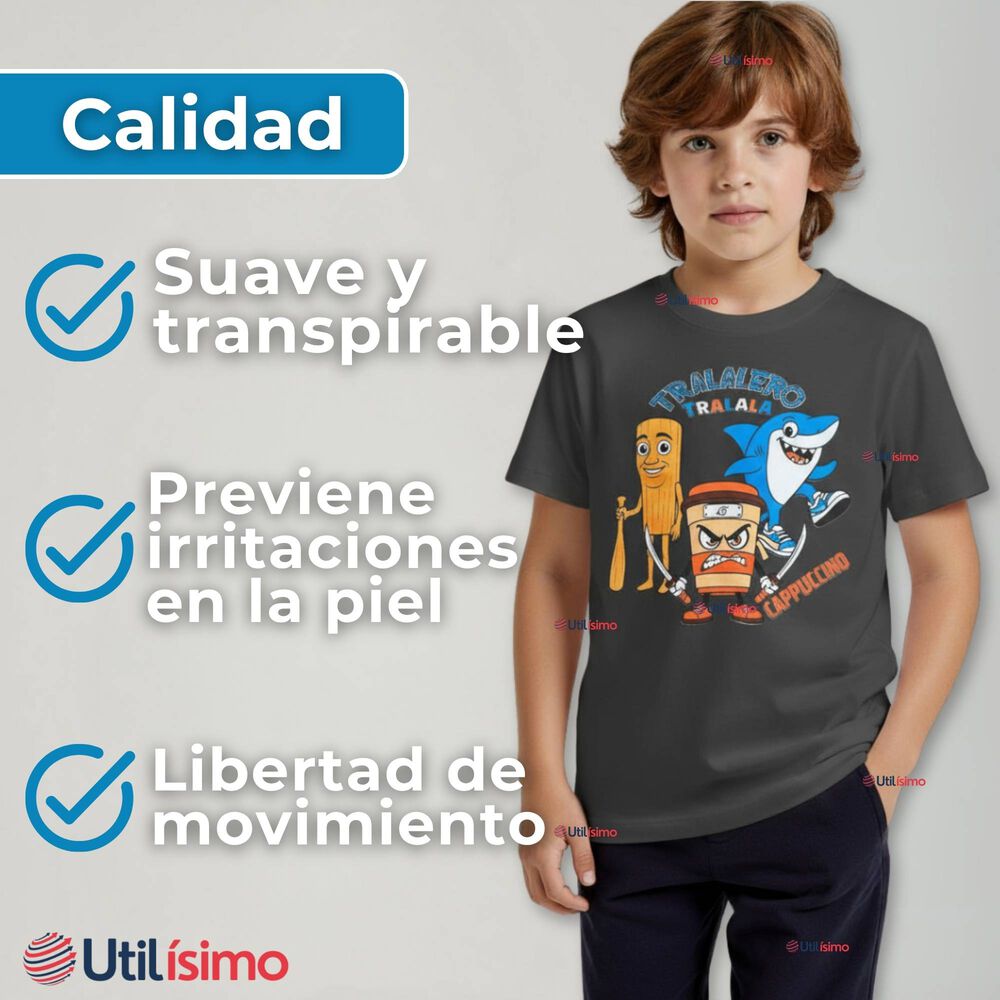 Polera Brainrots 100% Algodón Manga Corta Niño Tralalero Gris Oscuro image number 4.0