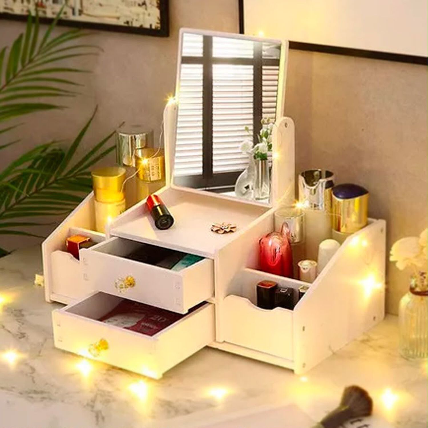 Organizador De Cosm&eacute;ticos Multifuncional Con Espejo 2 Cajones Rotaci&oacute;n 360 Blanco image number 2.0
