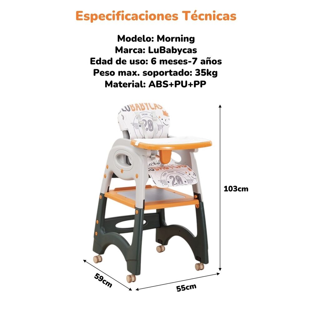 Silla De Comer Multifuncional Con Ruedas Naranja Lubabycas image number 5.0
