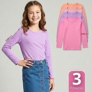 Pack 3 Camisetas Poleras Bamb&uacute; Cuello Redondo Primera Capa Manga Larga Colores Surtido Ni&ntilde;a