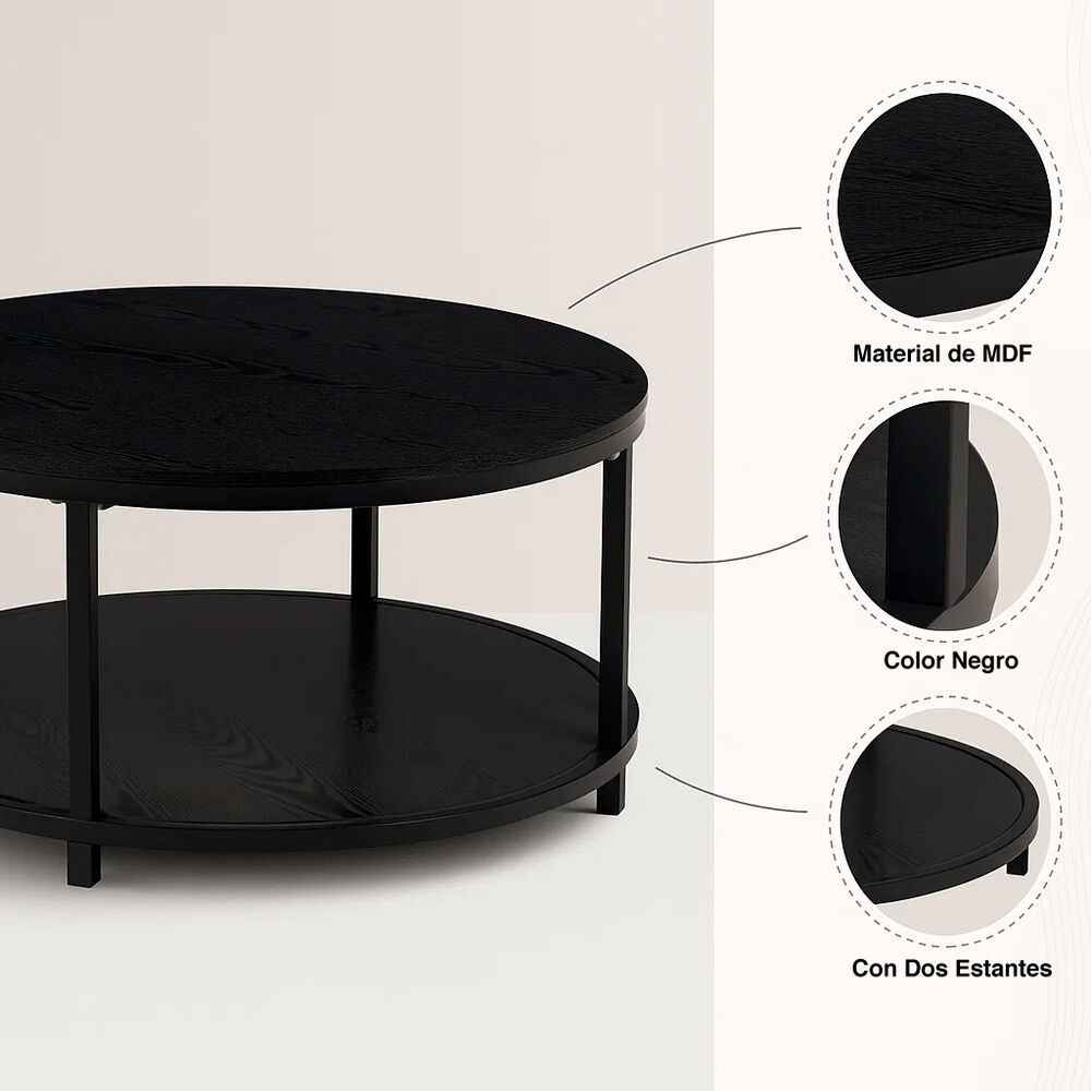 Mesa De Centro Redonda Negra - Diseño Moderno Con Doble Nivel image number 4.0