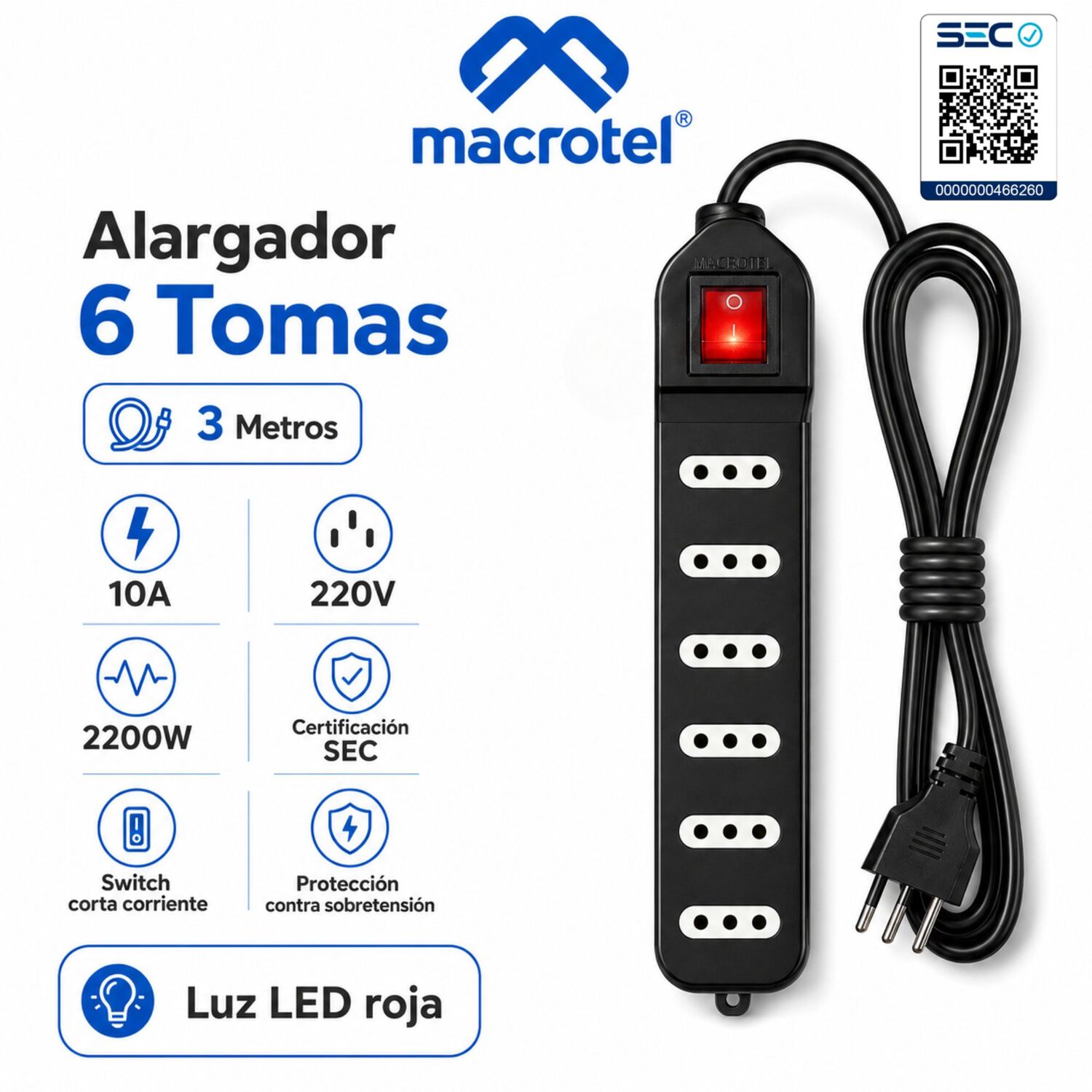 Alargador De 3mt Certificado 6 Pos + Switch Corta Corriente Me-070b image number 4.0