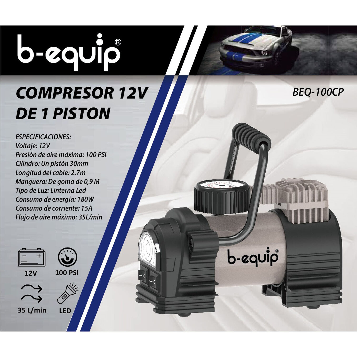 Compresor De Aire Auto 12v De 1 Piston 100 Psi B-equip image number 1.0