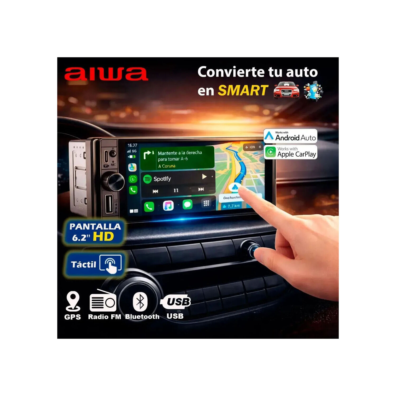 Radio Auto Aiwa 1 Din Con Pantalla Tactil De 6,28'' Aw-w470c Negro image number 6.0