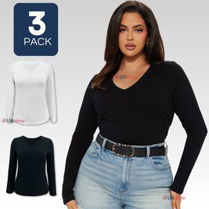 Pack 3 Camisetas Manga Larga Cuello V Bamb&uacute; Mujer Primera Capa Blanco Y Negro