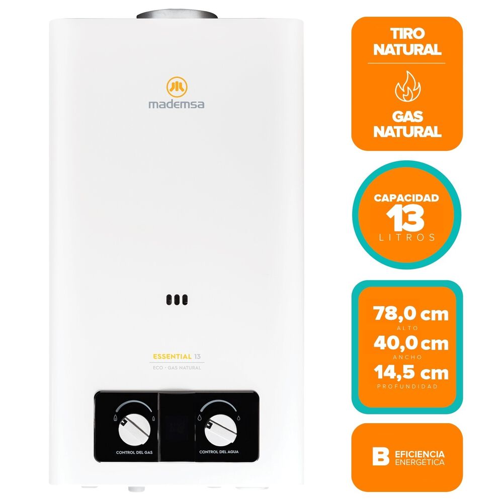 Calefon Mademsa Electrico Ionizado 13 Litros Gas Natural Essential Eco image number 1.0