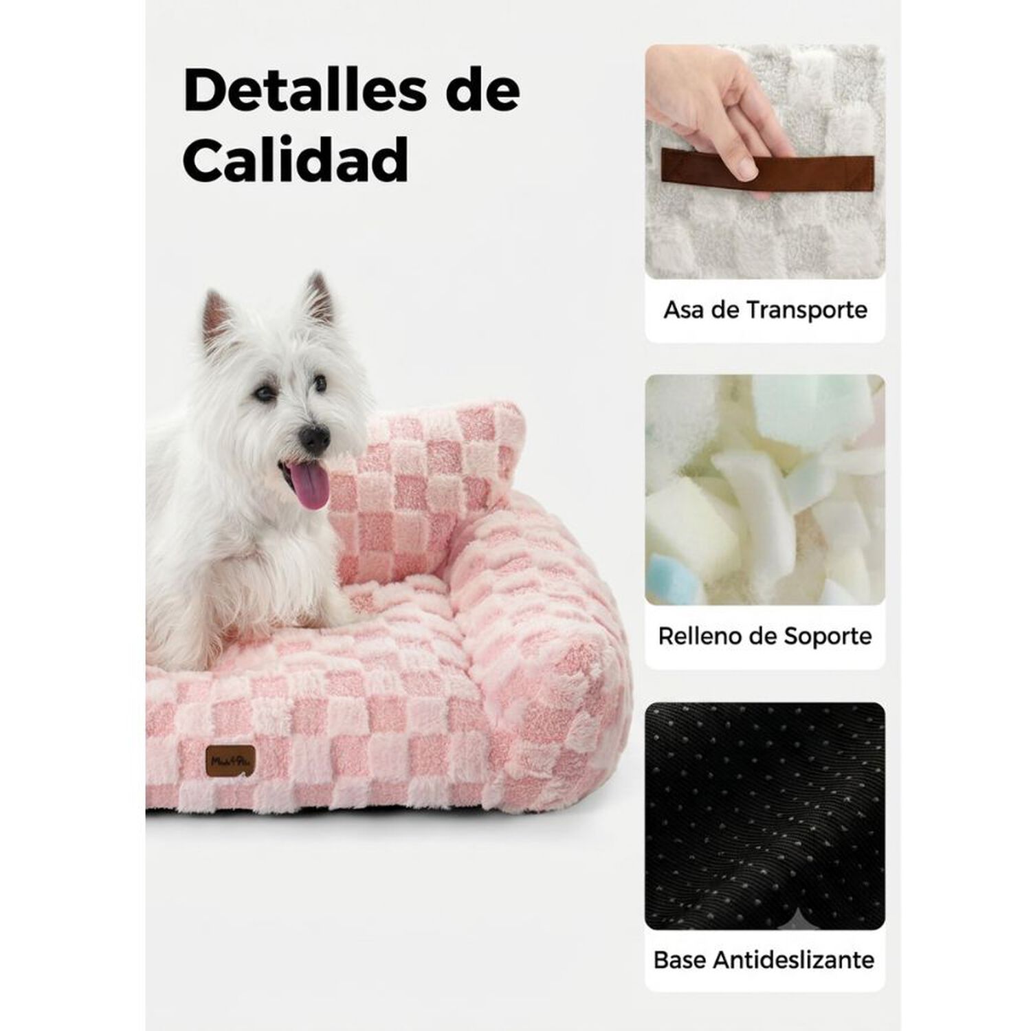 Cama Sof&aacute; Para Perros Y Gatos Dise&ntilde;o Cuadros Rosa Lavable Talla L image number 6.0