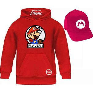 Poleron De Niño Con Capucha Mario Bros Player 1 + Jockey