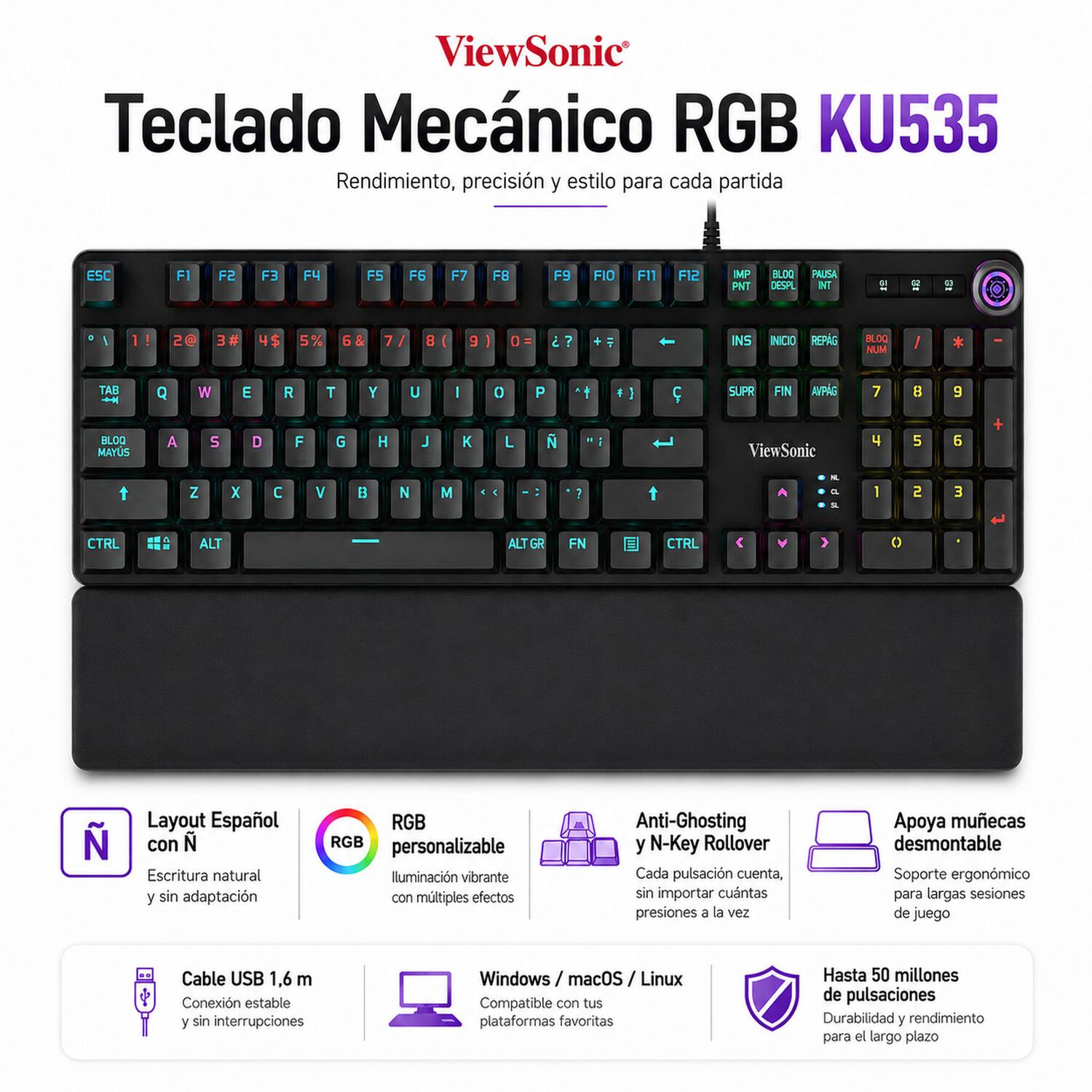 Teclado Mec&aacute;nico Rgb Con Apoya Mu&ntilde;ecas Gamer Ku535 Viewsonic image number 4.0